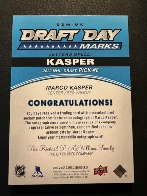2023-24 SP Game Used - Marco Kasper - Draft Day Marks - DDM-MK back